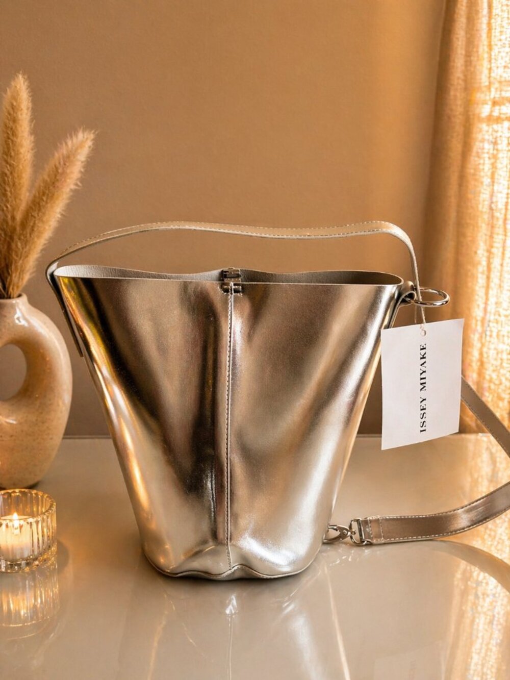 Issey Miyake Silver Metallic Bag | Branded Gift Bag | Chic Minimalist Tote